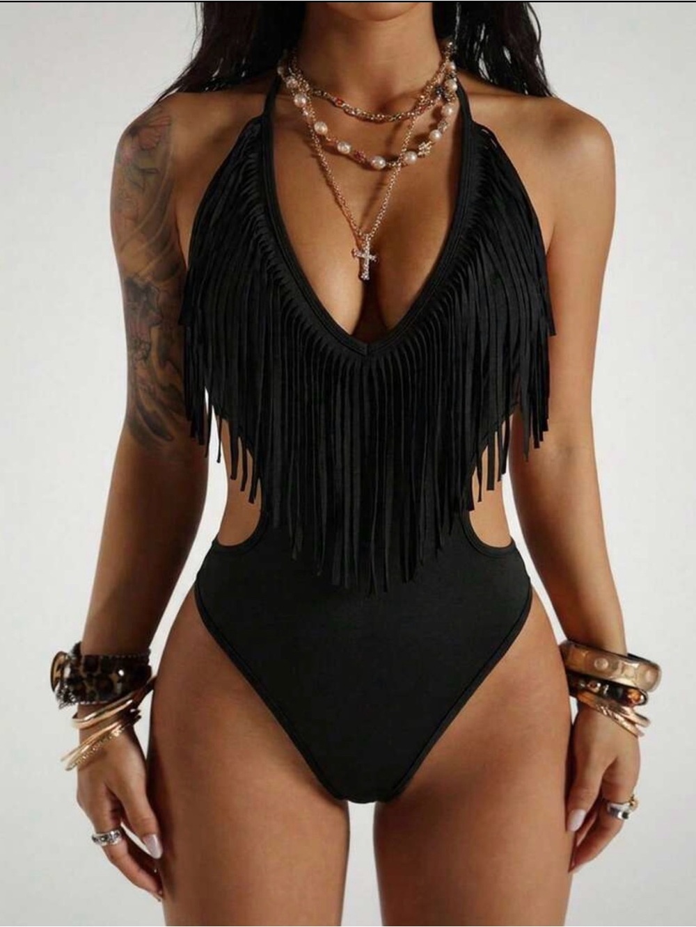 Black Fringe Halter Bodysuit